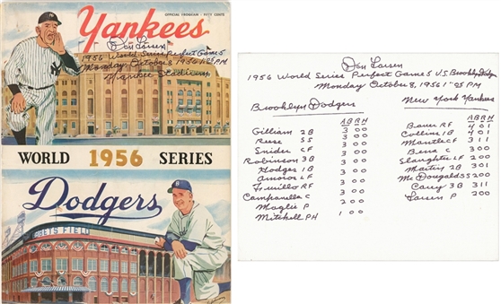 Lot of (2) Don Larsen Signed and Inscribed 1956 World Series Perfect Game Items Including Program with Handwritten Story and Canvas With One of a Kind Handwritten Box Scores (JSA)